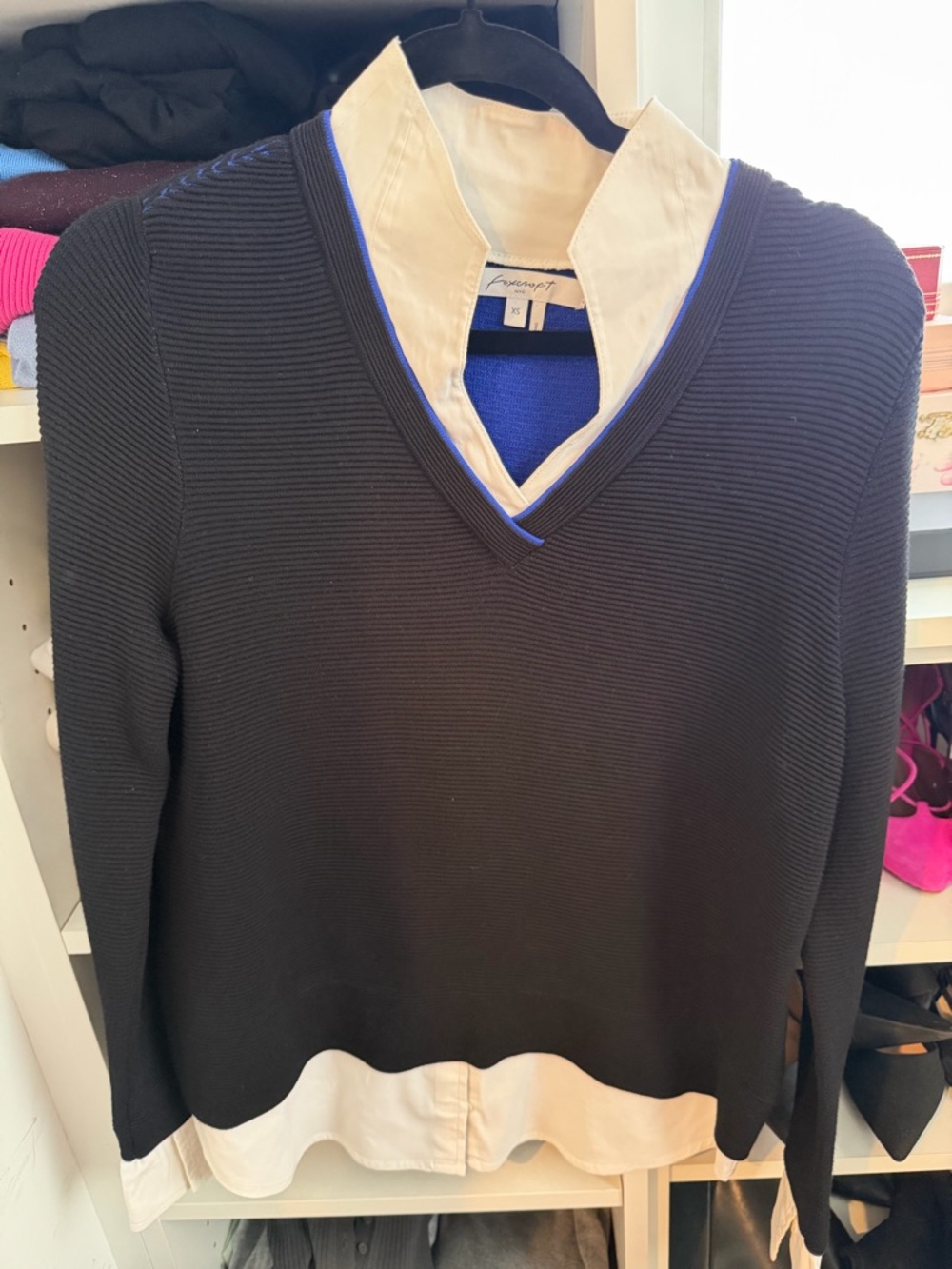 Foxcroft Black Sweater with White Collar and Blue Trim